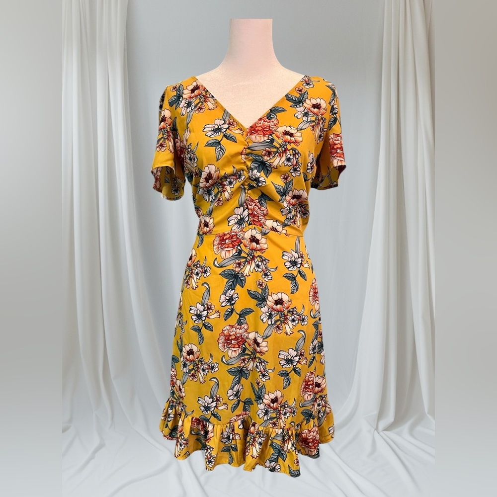 Cute Yellow floral midi dress V neckline, ruched front detail